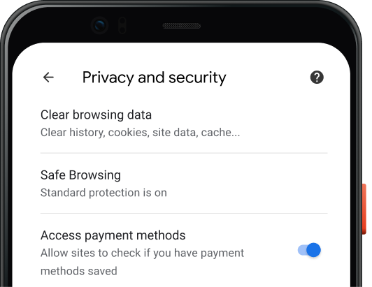 Chrome browser privacy and security settings page within a mobile device.