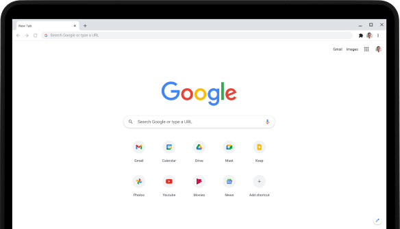 Top-left corner of a Pixelbook Go laptop with screen displaying Google.com search bar and favourite apps.