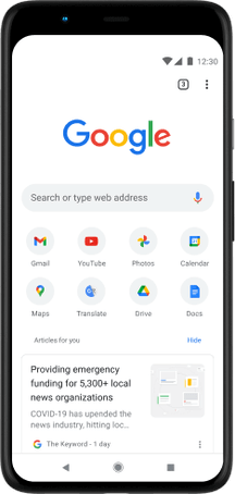 Pixel 4 XL phone with screen displaying Google.com search bar, favourite apps and suggested articles.