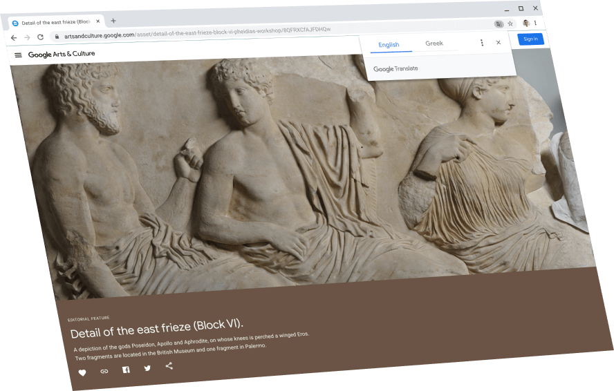 Showing a Google Arts and Culture page with a Google Translate dialogue box above, translating to English.