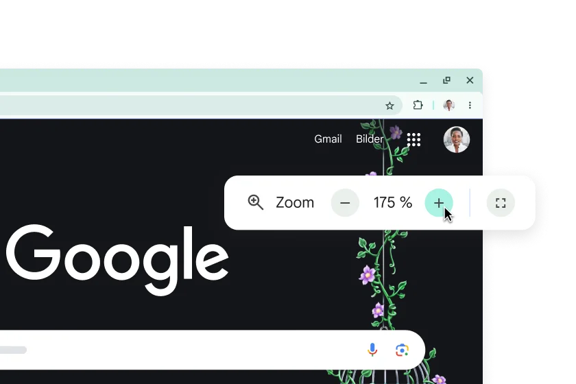 Die Google-Startseite mit vergrößerten Elementen und ein Pop-up-Fenster, in dem der Zoom auf 175 % eingestellt ist