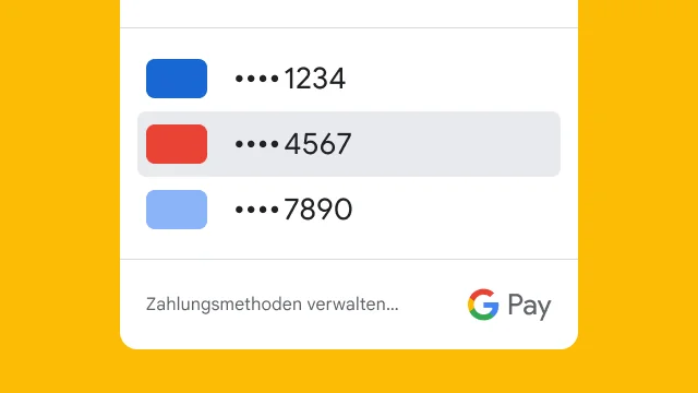 In Google Pay werden zur Sicherheit nur die letzten 4 Ziffern von 3 Kreditkarten angezeigt.