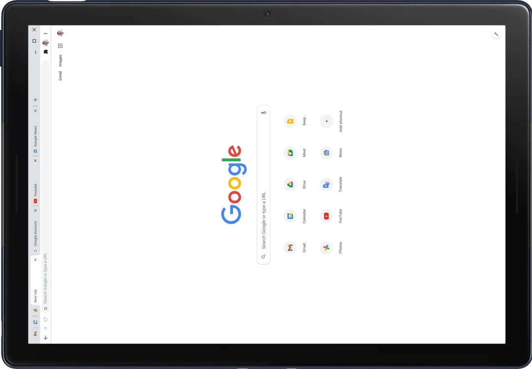 Pixel Slate tablet with screen displaying Google.com.