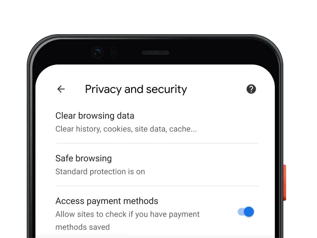 Chrome browser privacy and security settings page within a mobile device.