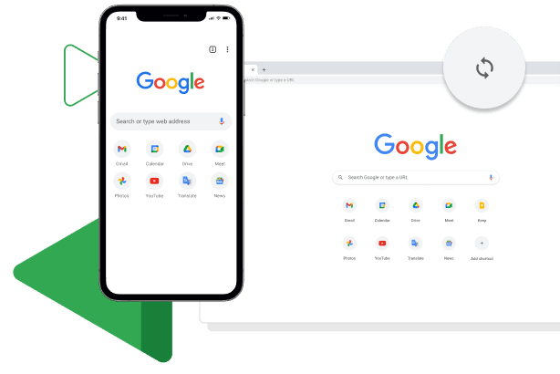 Chrome's window displays a sync browser experience across mobile and desktop devices.