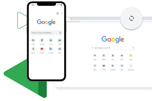 Chrome's window displays a sync browser experience across mobile and desktop devices.