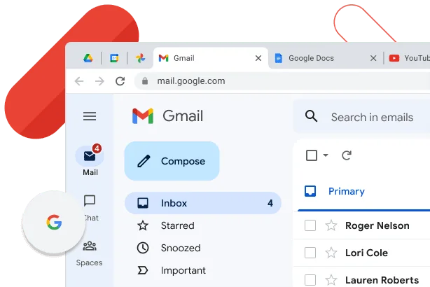 Chrome's window displays Gmail inbox next to the browser tabs of YouTube and Google Docs.