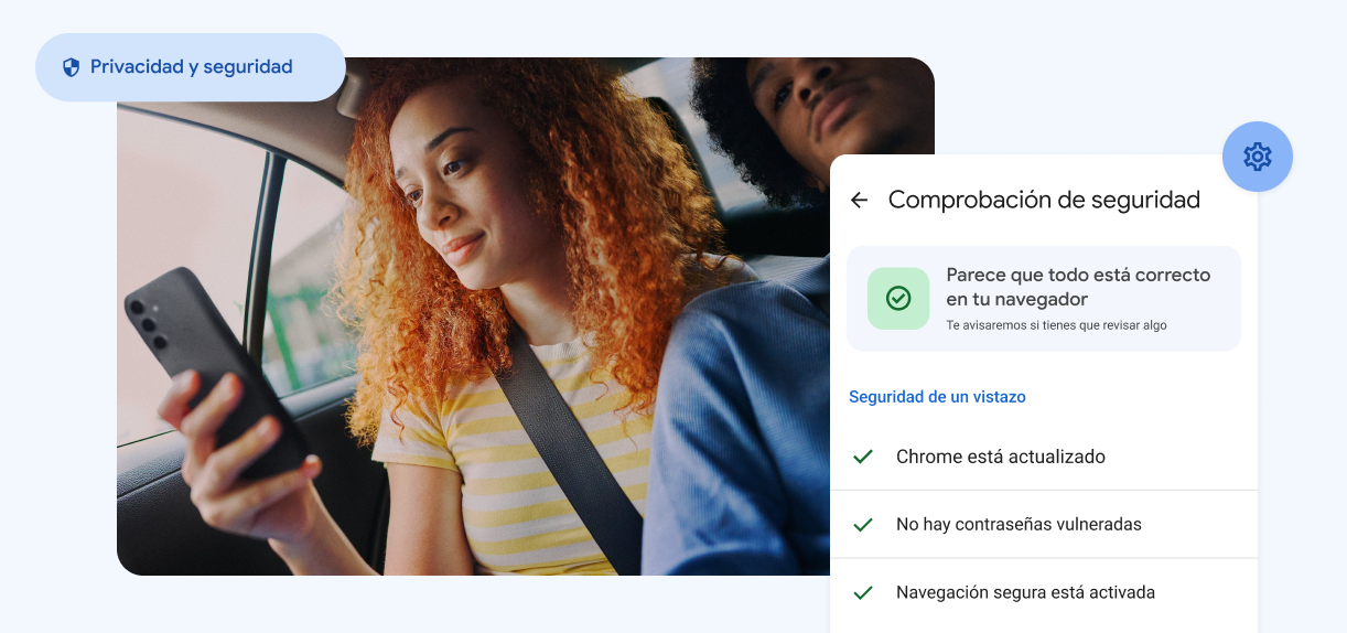 Una mujer mirando su móvil. Se muestran elementos que dicen “Privacidad y Seguridad“ con una alerta sobre contraseñas vulneradas.