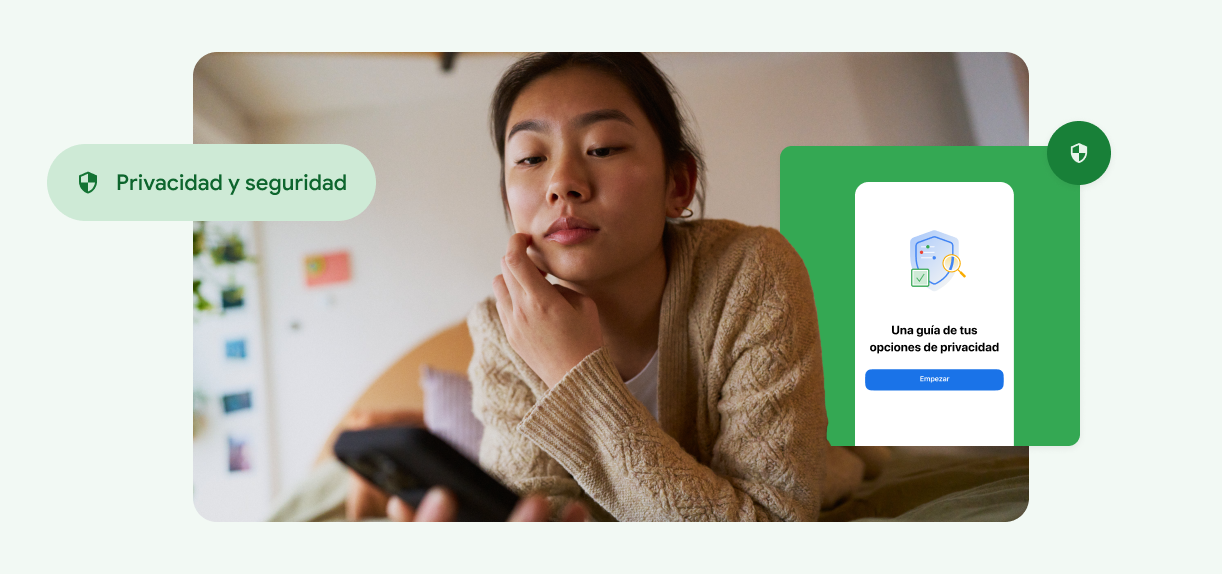 Una mujer tocándose la cara y mirando su teléfono.