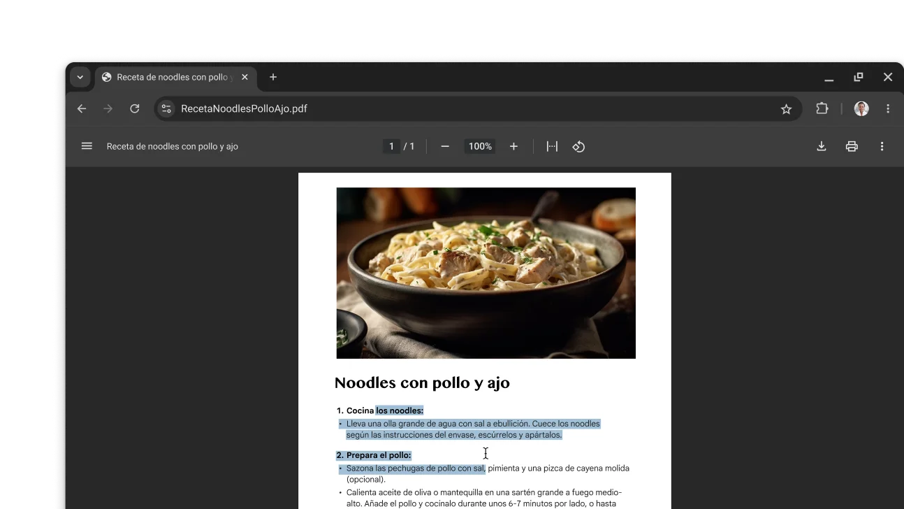 Un PDF con una receta abierto en una ventana del navegador Chrome. La persona ha seleccionado texto en el PDF.