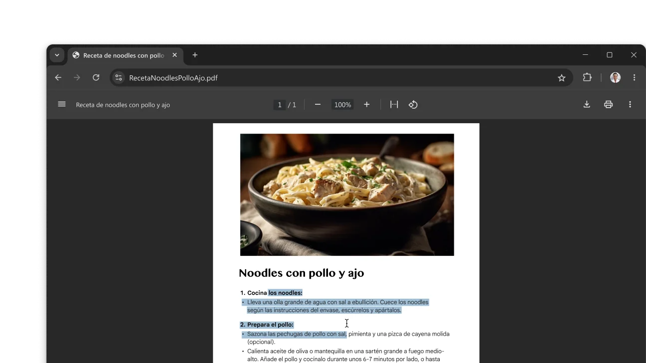 Un PDF con una receta abierto en una ventana del navegador Chrome. La persona ha seleccionado texto en el PDF.