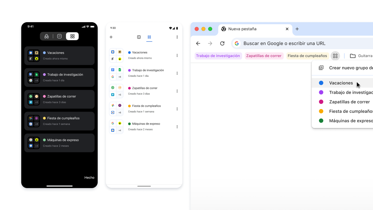 Grupos de pestañas en iOS, Android y ordenadores
