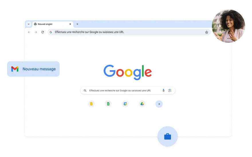 L'arrière-plan de la page de recherche Google est blanc. Dans un coin se trouve la photo d'une femme.
