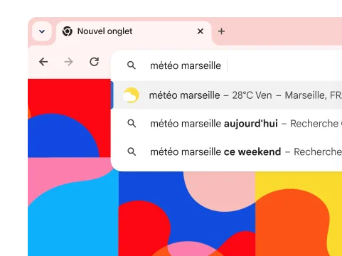 Une recherche pour 'météo Marseille' affiche un résultat indiquant qu'il fera 28 ° vendredi.