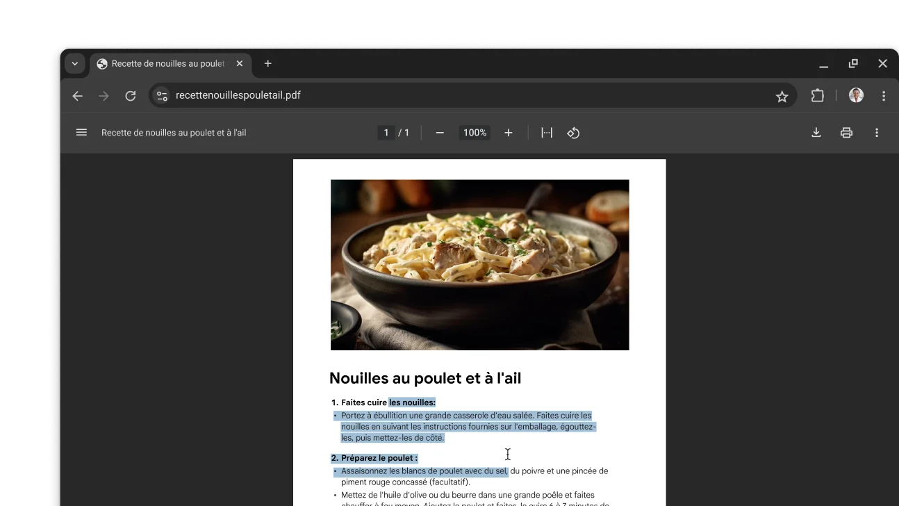Un fichier PDF contenant une recette est ouvert dans une fenêtre du navigateur Chrome. L'utilisateur a sélectionné du texte dans le fichier PDF.