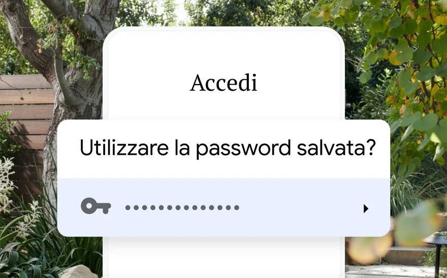 Una pagina di accesso per una prenotazione di viaggio che chiede di usare una password salvata. Sullo sfondo, un paesaggio naturale.