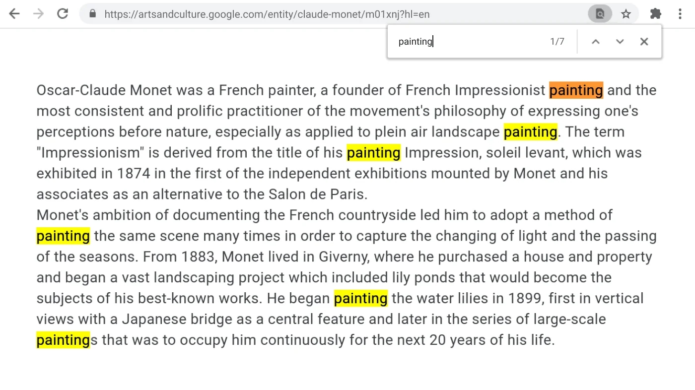Chrome Browser window open to a web page with the Find function active.