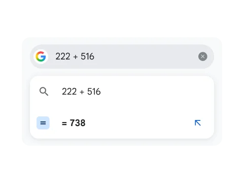 A search for 222 + 516 shows the result of 738.