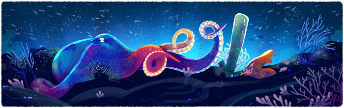 Stylish neon drawing of octopus with tentacles and coral spelling out Google